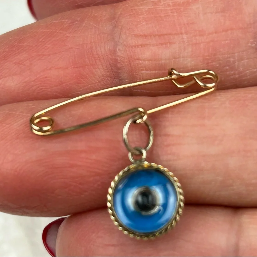 NEW - Vintage 14KT Solid Gold Evil Watchful Eye Safety Pin Pendant Charm Lucky